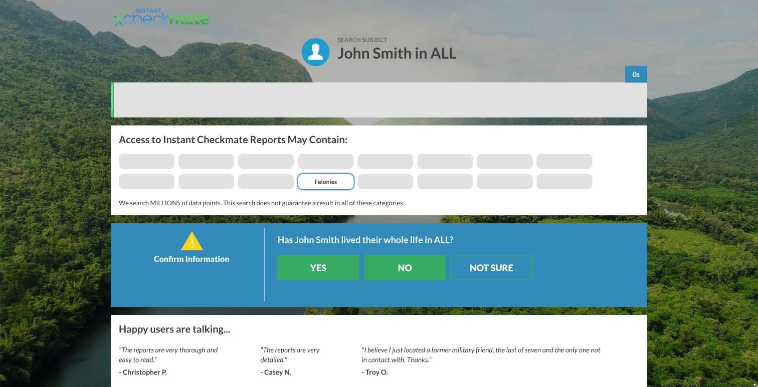 Instant Checkmate's "Please Wait..." modal telling the user not to exit the window because the search may take up to two minutes, with a CONTINUE button and an "I don't want to wait." link, shown over the search-progress page for a generic John Smith search.